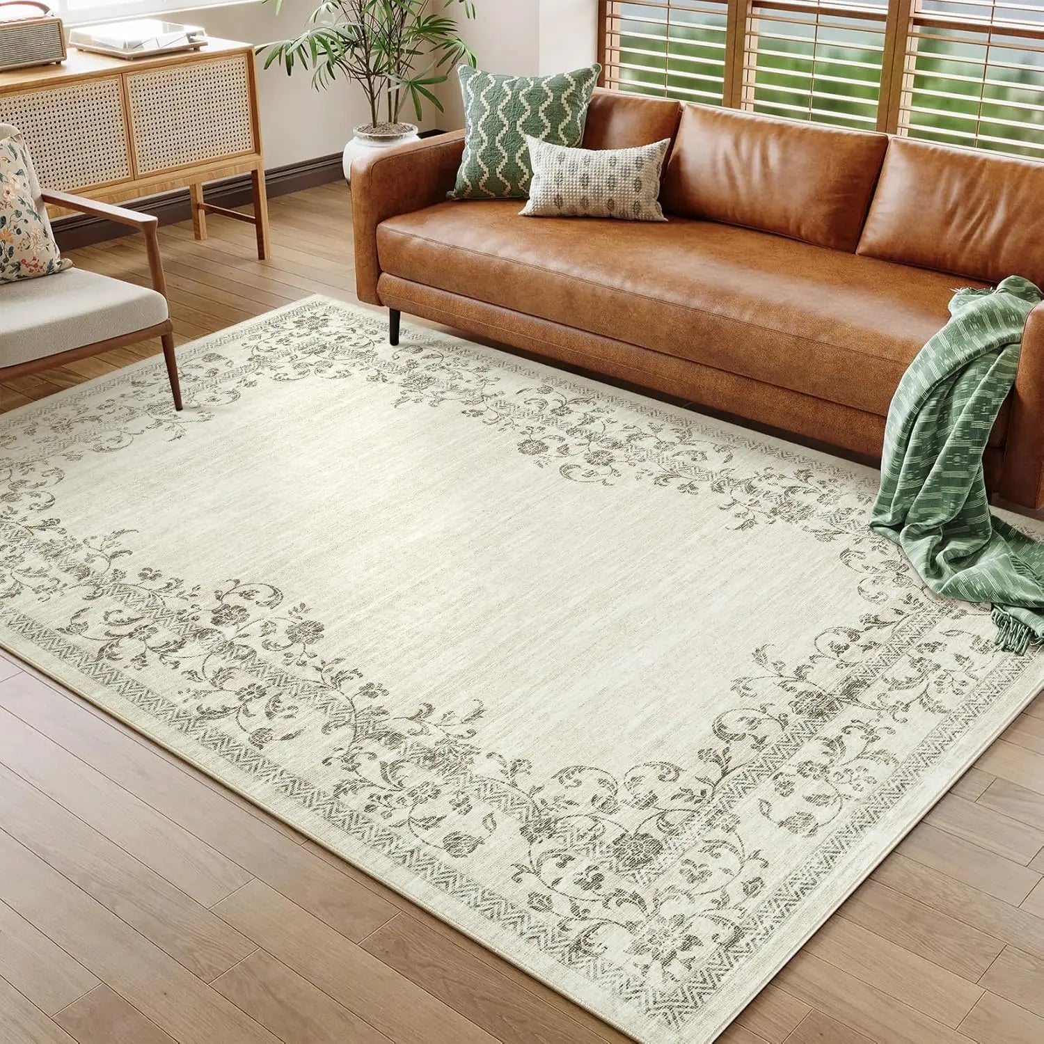 Washable Area Rug for Bedroom Farmhouse Rugs for Living Room Indoor Floral Bordered Large Rug Soft Carpet for Dining Room Office