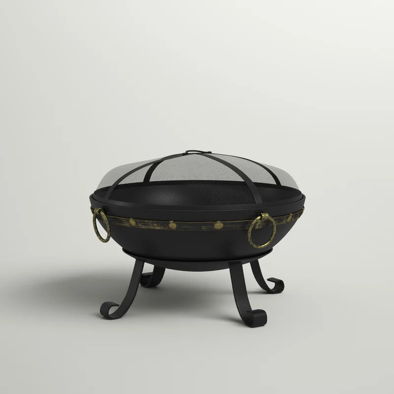 Victorian 25" round Wood-Burning Black Finish Steel Fire Bowl with Spark Screen