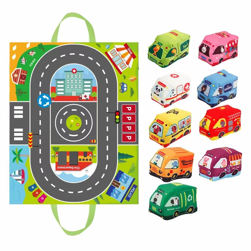 Montessori Soft Cloth Car Toy Set City Traffic Map of Road Boy Girls Educational Toy Interactive Sound Crawling Games