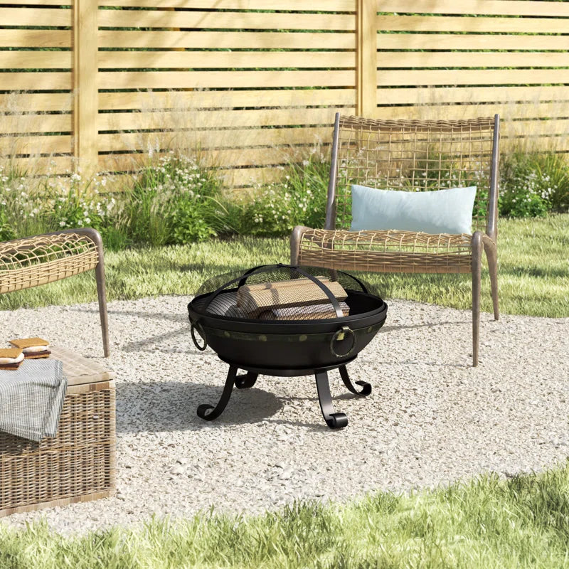 Victorian 25" round Wood-Burning Black Finish Steel Fire Bowl with Spark Screen