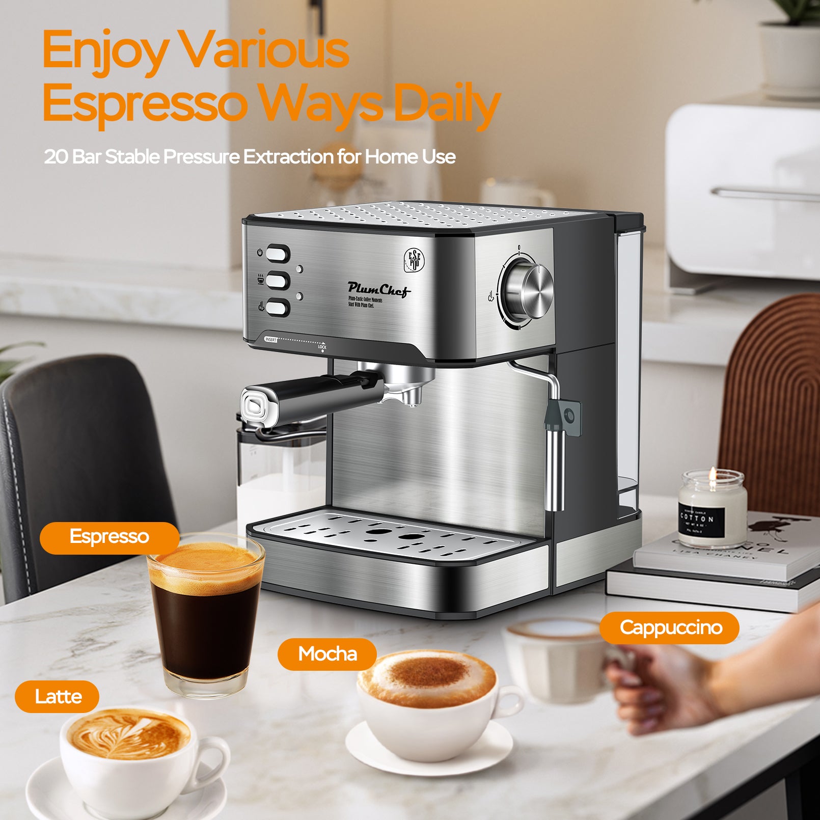 20 Bar Professional Espresso Machine with Milk Frother, Single & Double Shot, ESE Pod Compatible, Visual Display of Pressure, Removable Water Tank for Cappuccino, Latte, Machiato for Home Barista