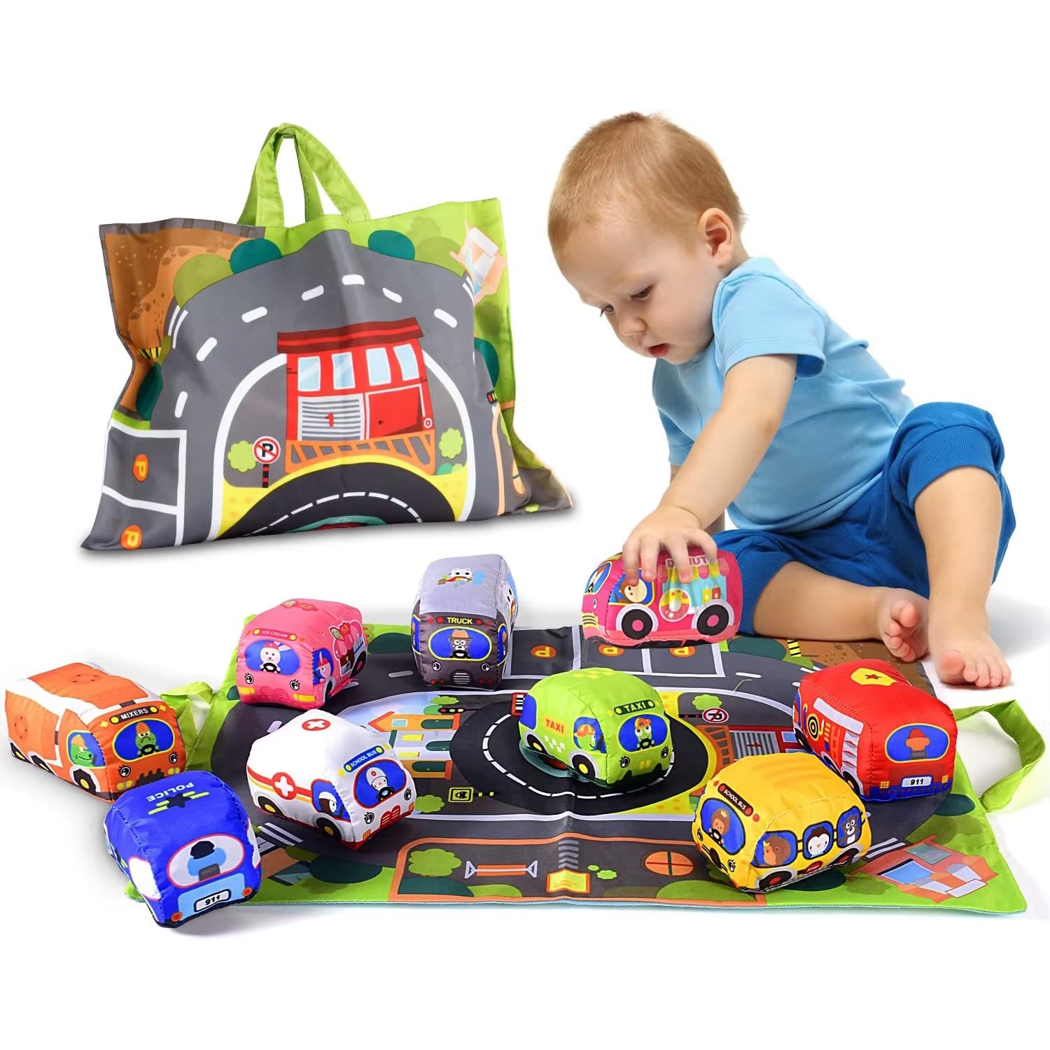 Montessori Soft Cloth Car Toy Set City Traffic Map of Road Boy Girls Educational Toy Interactive Sound Crawling Games