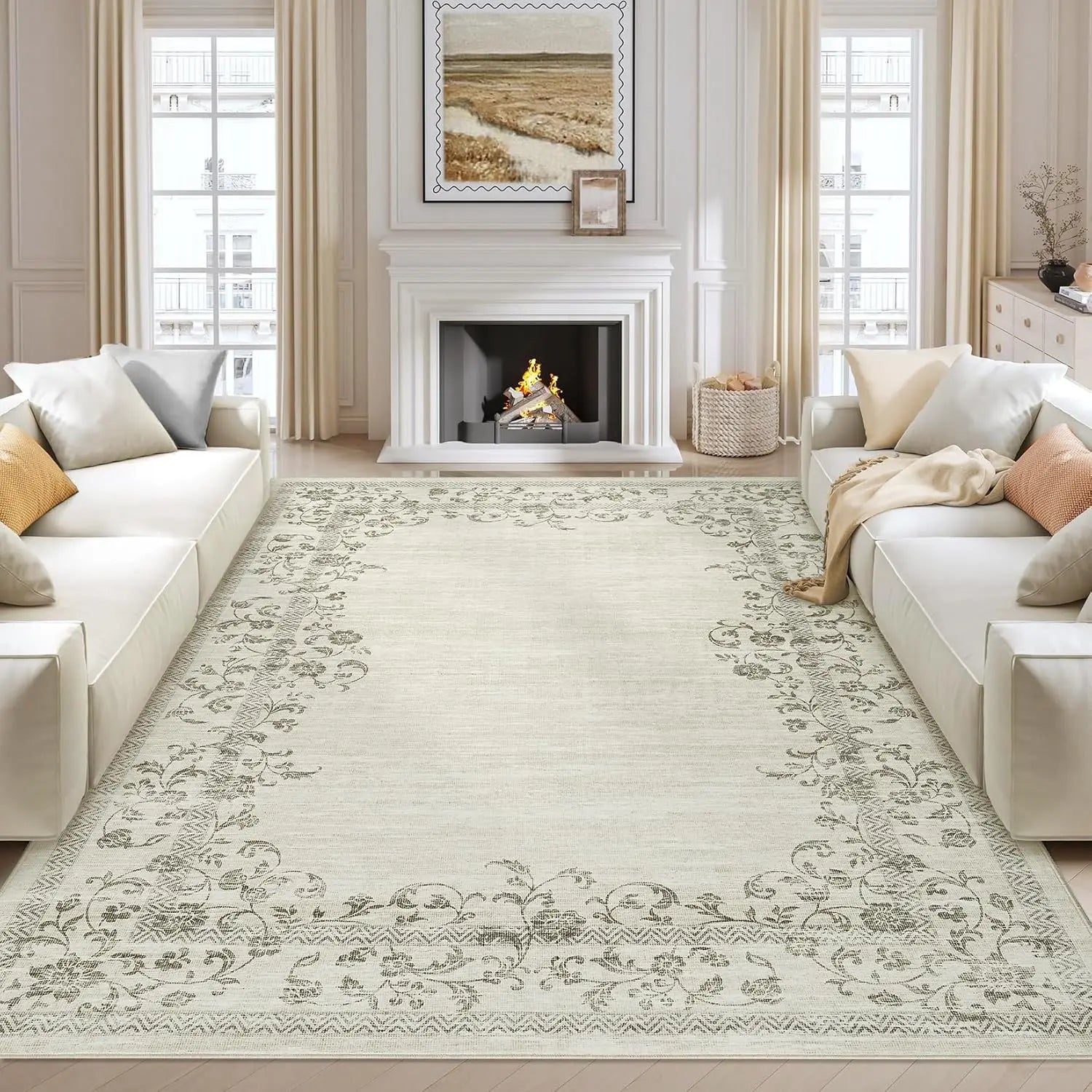 Washable Area Rug for Bedroom Farmhouse Rugs for Living Room Indoor Floral Bordered Large Rug Soft Carpet for Dining Room Office