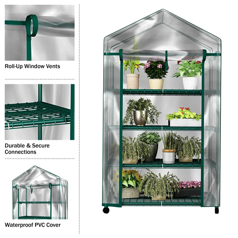 4 Tier Mini Greenhouse - Portable Greenhouse with Locking Wheels and PVC Cover for Indoor or Outdoor - 27 X 19 X 63-Inch Green House by