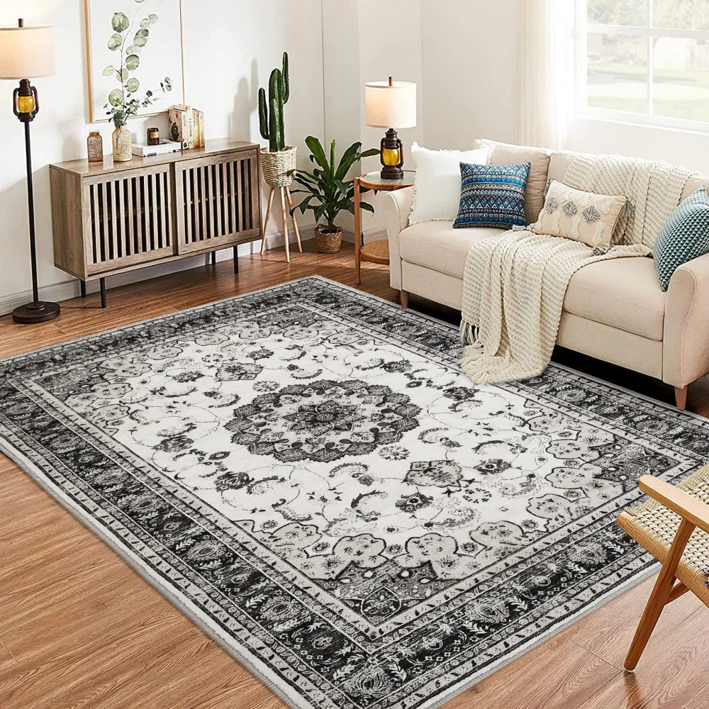 Washable Vintage 5X7 Area Rug for Living Room Floral Design Rugs for Bedroom Indoor Print Carpet for Dining Room Entryway