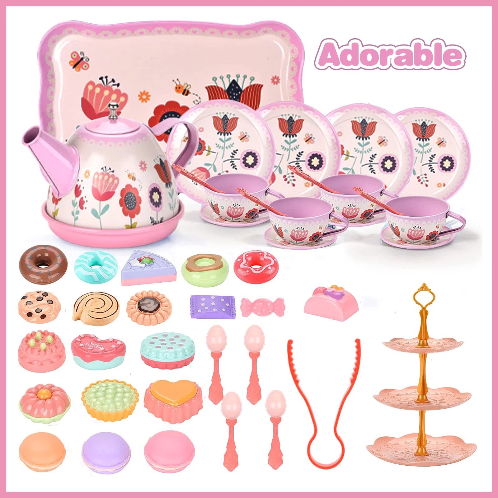 Tea Party Set for Little Girls, Princess Tea Set for Toddlers, Flower Design Toy Tea Set with Teapot, Cup, Plate, Coaster, Spoon and Carry Case, Pretend Play Toys for Kids
