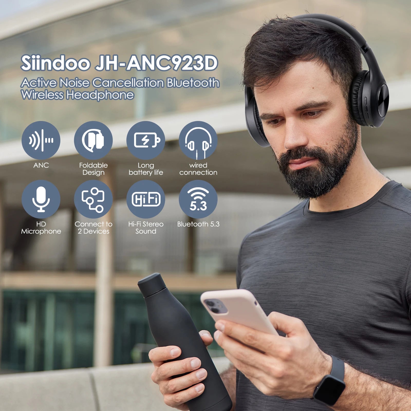 JH-ANC923 Active Noise Cancelling Wireless Headset Foldable Over-Ear Bluetooth Headphones with Mic Hifi Stereo Deep Bass