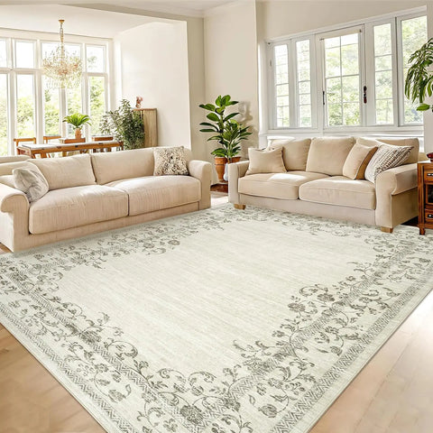 Washable Area Rug for Bedroom Farmhouse Rugs for Living Room Indoor Floral Bordered Large Rug Soft Carpet for Dining Room Office