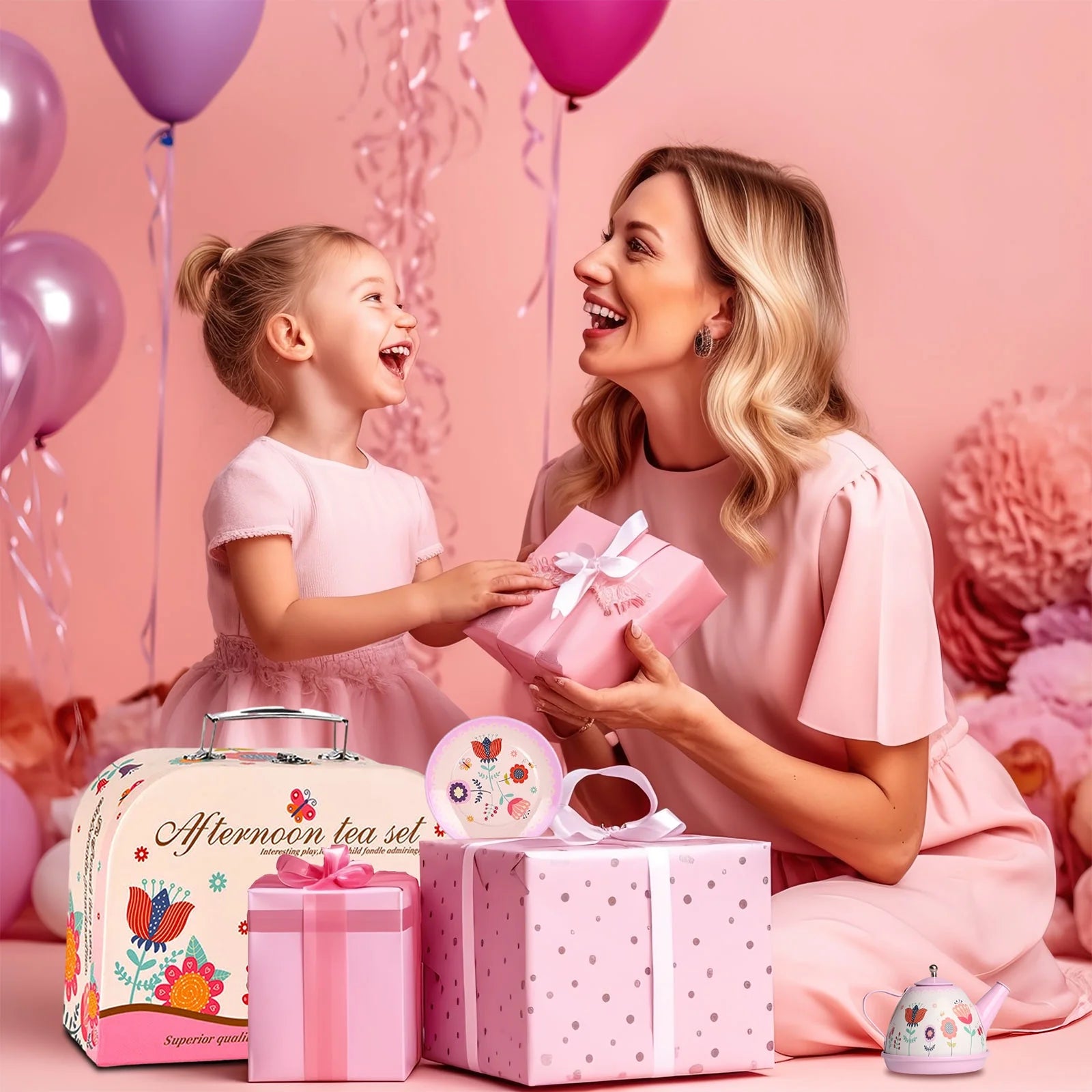 Tea Party Set for Little Girls, Princess Tea Set for Toddlers, Flower Design Toy Tea Set with Teapot, Cup, Plate, Coaster, Spoon and Carry Case, Pretend Play Toys for Kids