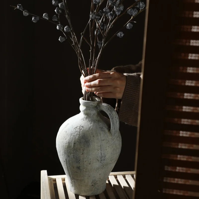 Retro and Nostalgic Handmade Ceramic Vases 25.5CM High Handmade Style Flower Vase Dried Flowers Decorative Home Decoration