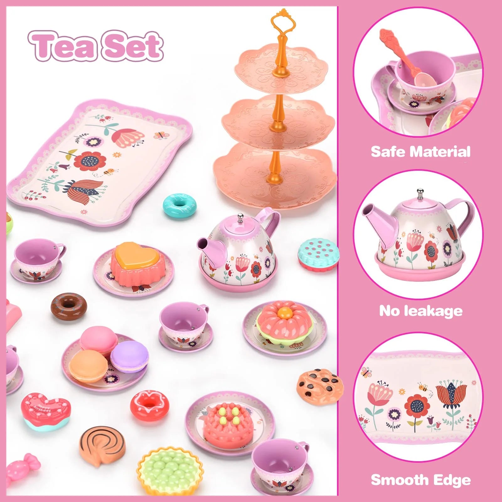 Tea Party Set for Little Girls, Princess Tea Set for Toddlers, Flower Design Toy Tea Set with Teapot, Cup, Plate, Coaster, Spoon and Carry Case, Pretend Play Toys for Kids