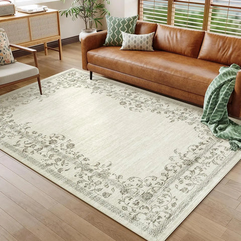 Washable Area Rug for Bedroom Farmhouse Rugs for Living Room Indoor Floral Bordered Large Rug Soft Carpet for Dining Room Office