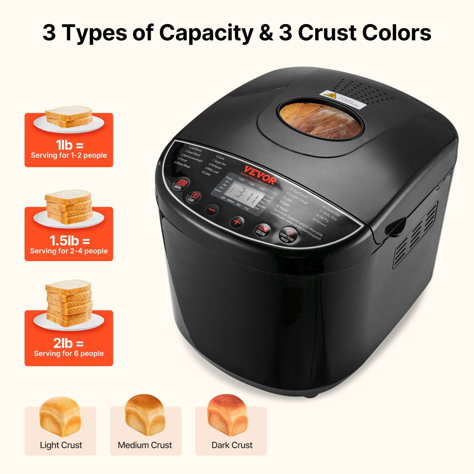 2LB 19-In-1 Bread Maker Automatic Compact Dough Machine Nonstick 3 Crust Colors