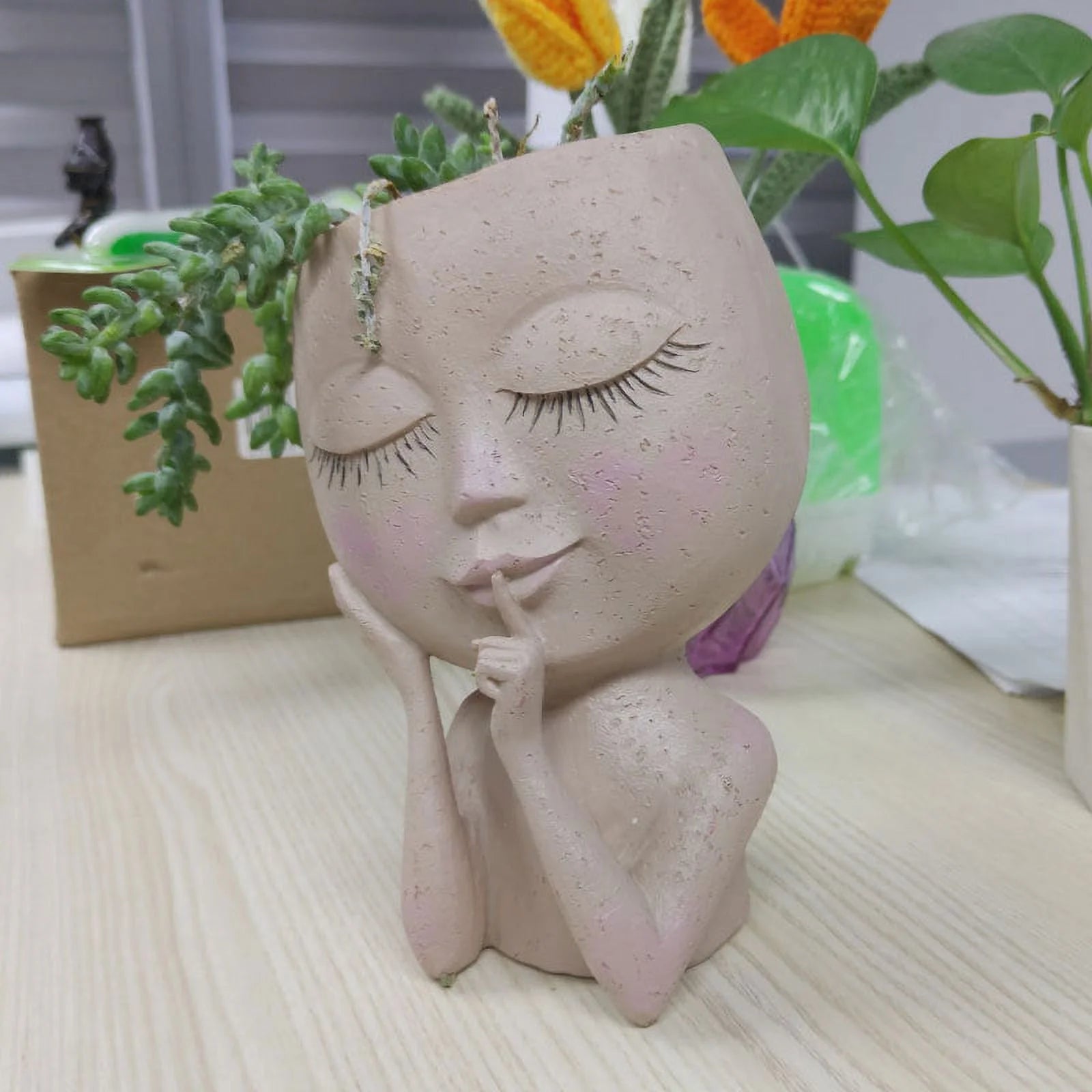 Face Head Planter Succulent Plant Flower Pot Resin Container with Drain Holes Flowerpot Figure Garden Decor Tabletop Ornament