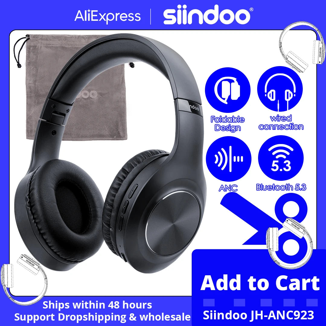 JH-ANC923 Active Noise Cancelling Wireless Headset Foldable Over-Ear Bluetooth Headphones with Mic Hifi Stereo Deep Bass