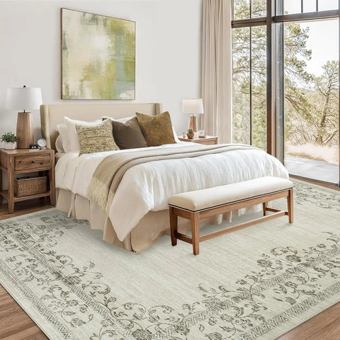 Washable Area Rug for Bedroom Farmhouse Rugs for Living Room Indoor Floral Bordered Large Rug Soft Carpet for Dining Room Office