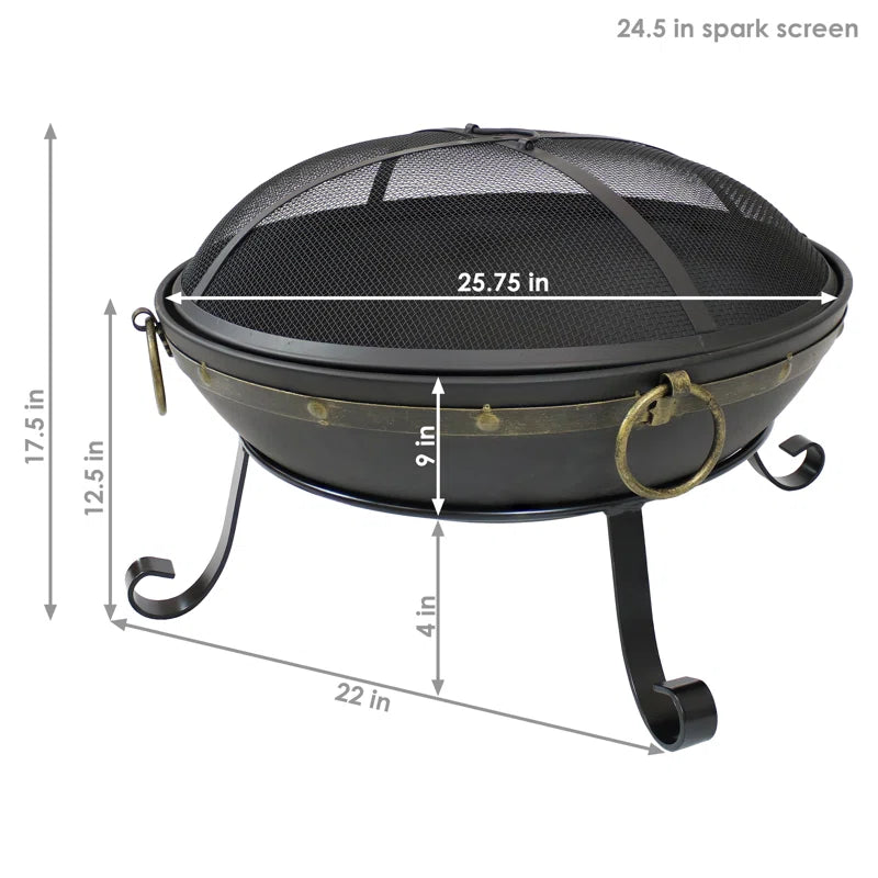 Victorian 25" round Wood-Burning Black Finish Steel Fire Bowl with Spark Screen