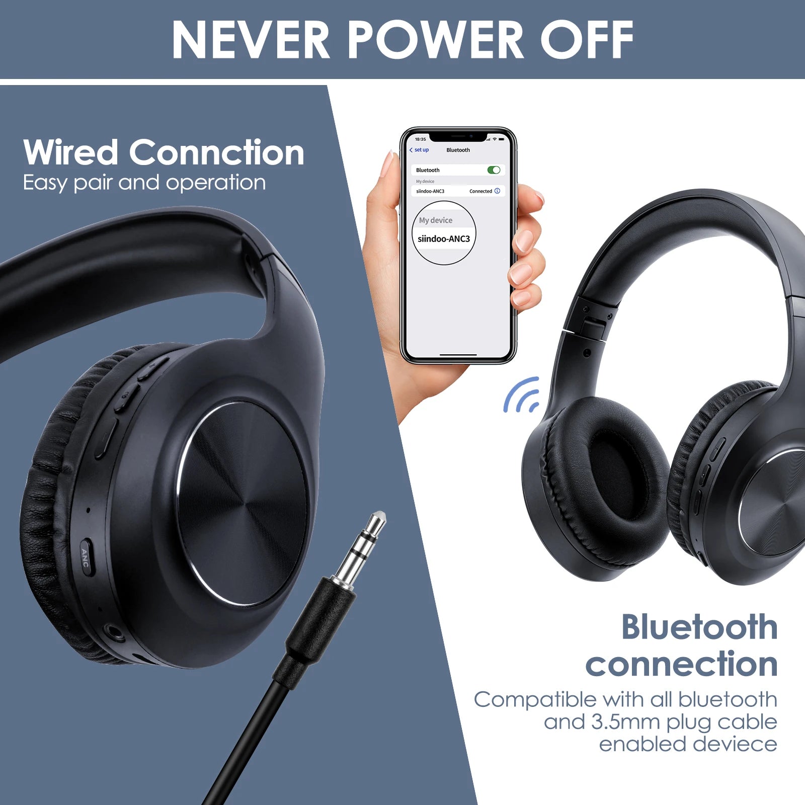 JH-ANC923 Active Noise Cancelling Wireless Headset Foldable Over-Ear Bluetooth Headphones with Mic Hifi Stereo Deep Bass