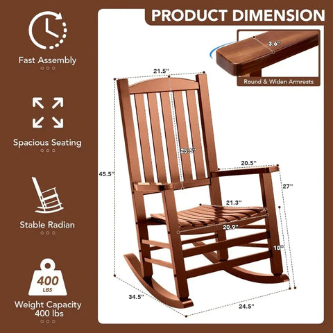 Wood Outdoor Rocking Chair, Oversized Patio Rocking Chair W/400Lbs Support & High Backrest | Porch, Lawn, Garden, Backyard, Outd