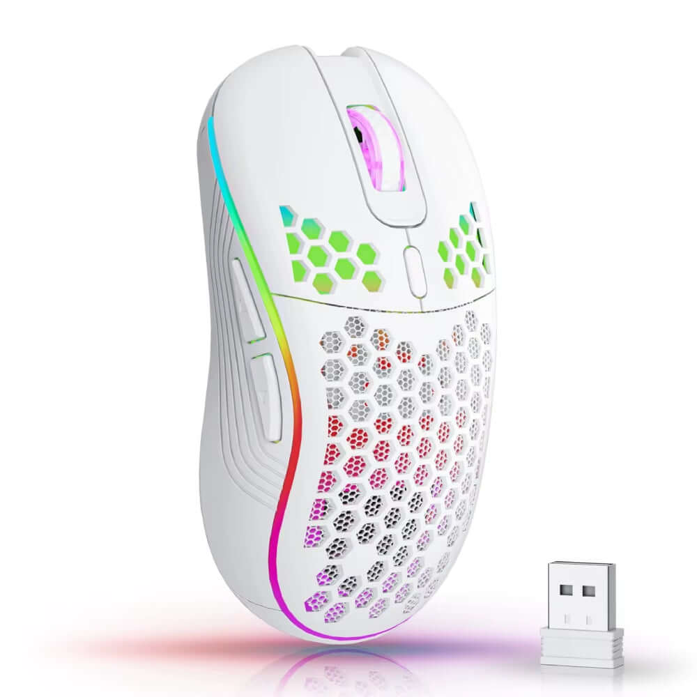 2.4G Wireless Mouse with RGB Backlit 6-Button 3-Speed DPI Type C Rechargeable Ergonomic Honeycomb Design Gaming Mouse