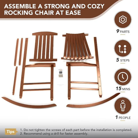 Wood Outdoor Rocking Chair, Oversized Patio Rocking Chair W/400Lbs Support & High Backrest | Porch, Lawn, Garden, Backyard, Outd