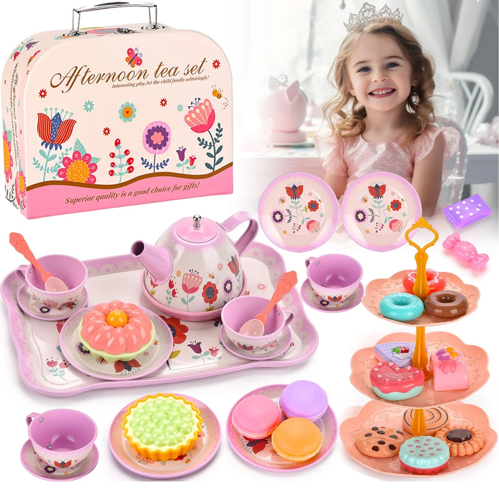 Tea Party Set for Little Girls, Princess Tea Set for Toddlers, Flower Design Toy Tea Set with Teapot, Cup, Plate, Coaster, Spoon and Carry Case, Pretend Play Toys for Kids