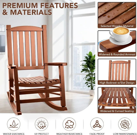 Wood Outdoor Rocking Chair, Oversized Patio Rocking Chair W/400Lbs Support & High Backrest | Porch, Lawn, Garden, Backyard, Outd