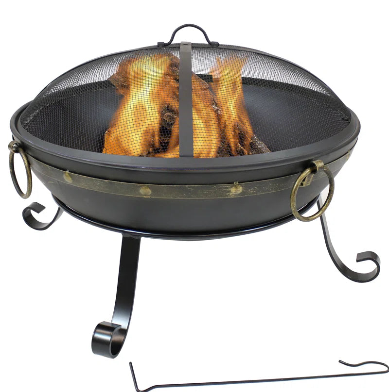 Victorian 25" round Wood-Burning Black Finish Steel Fire Bowl with Spark Screen